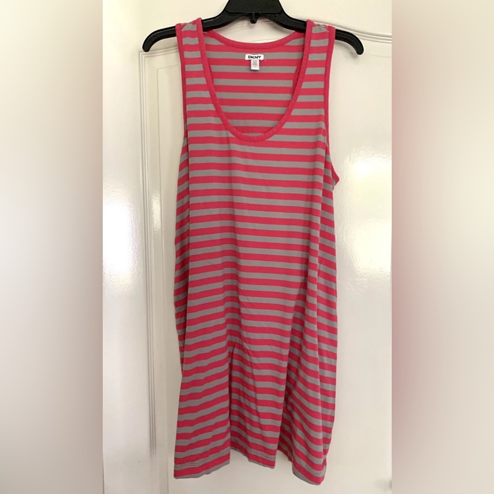 DKNY Women’s Dress XL Pink Grey Stripes  Sleeveless Pockets Tank Beach Casual
